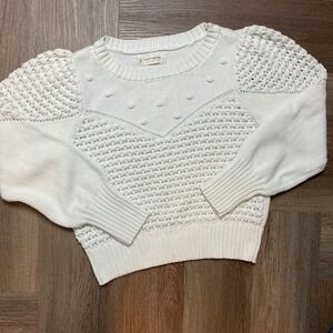 Lucky Brand Womens Sweater‎ Ivory Knit Pullover Small Pointelle Puff Sleeve Boho